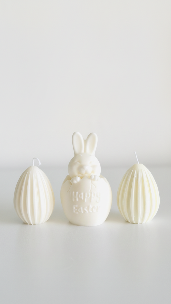 Handmade non-chocolate Easter gift set featuring a sculptural soy wax bunny and ribbed egg candle by Krisha Essence Perth.