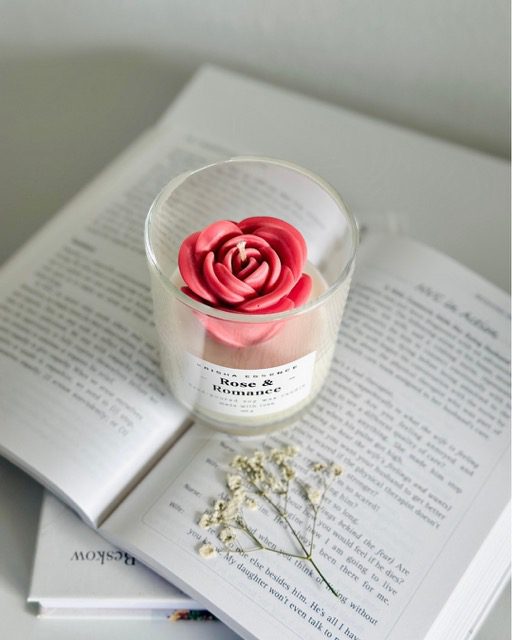 Rose candle gift Australia — handcrafted wax rose topping on soy glass jar candle, hand-poured Perth WA Krisha Essence