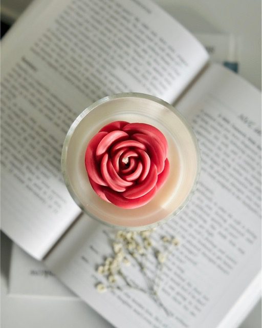 Rose scented candle Australia top view — glass jar with wax rose topping, hand-poured soy candle Krisha Essence Perth