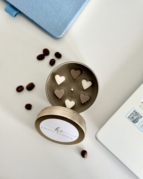 Hand-poured espresso scented soy candle in a minimalist tin jar featuring six decorative wax heart toppers, made in Perth, WA.