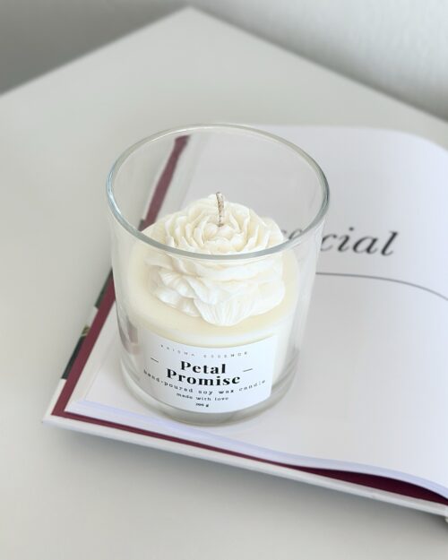 Personalised peony candle Australia with a hand-moulded sculptural wax flower and custom message label