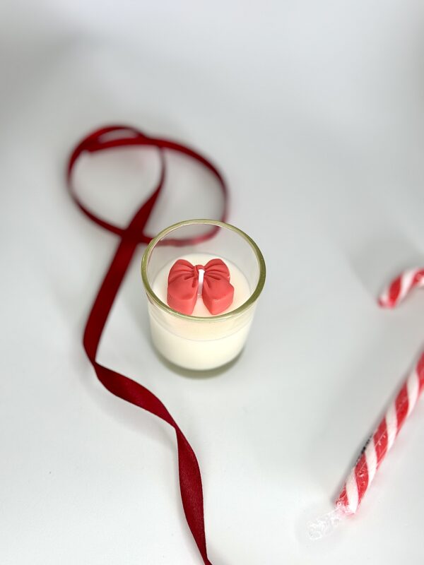 Festive 3-pack mini soy candles in gift box with decorative bows and pine tree toppers