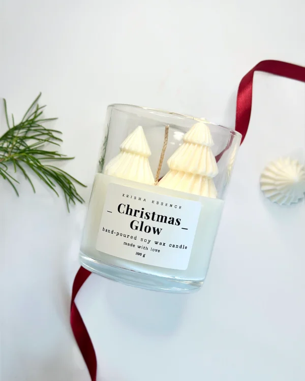 Hand poured Christmas candle Perth, Christmas Glow soy candle with tree-shaped wax toppers and festive ribbon