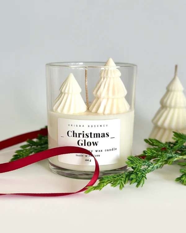 Christmas Glow hand poured soy candle in glass jar with sculpted tree wax top, Krisha Essence Perth