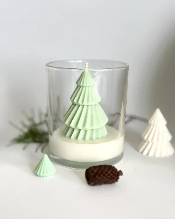 Whisper of Pine hand poured soy candle, sculpted green tree design by Krisha Essence Perth