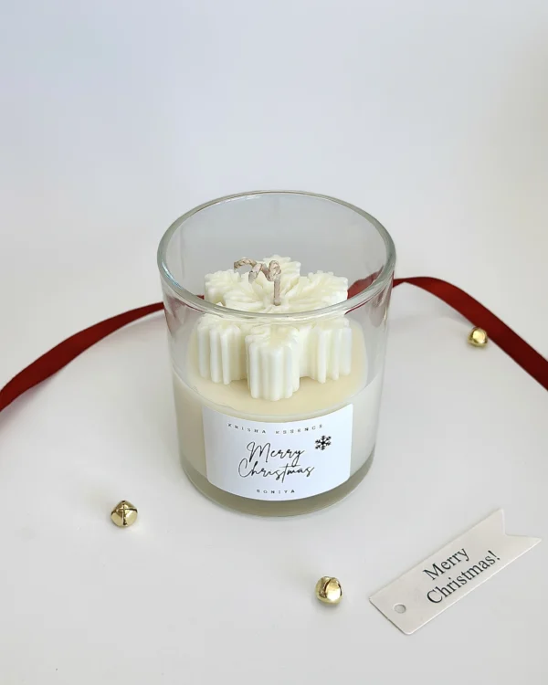 snowflake-christmas-candle-personalised-label Personalised christmas candle gift australia, snowflake soy candle with custom name label