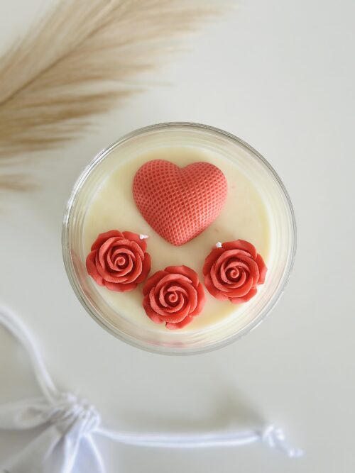 Forever Yours romantic soy candle in clear glass bowl with bamboo lid