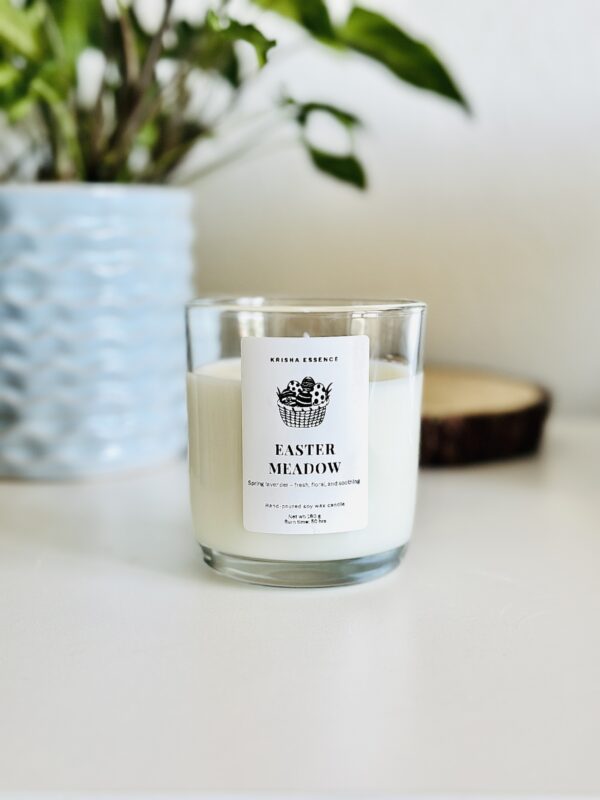 Close up of Easter Meadow lavender soy candle in soft ivory