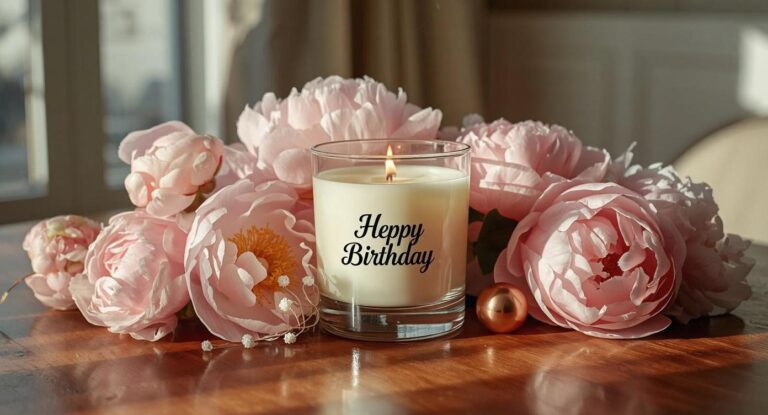 Hand-poured personalized peony candle gift in a clear glass jar with custom label, ideal for home decor and gifting