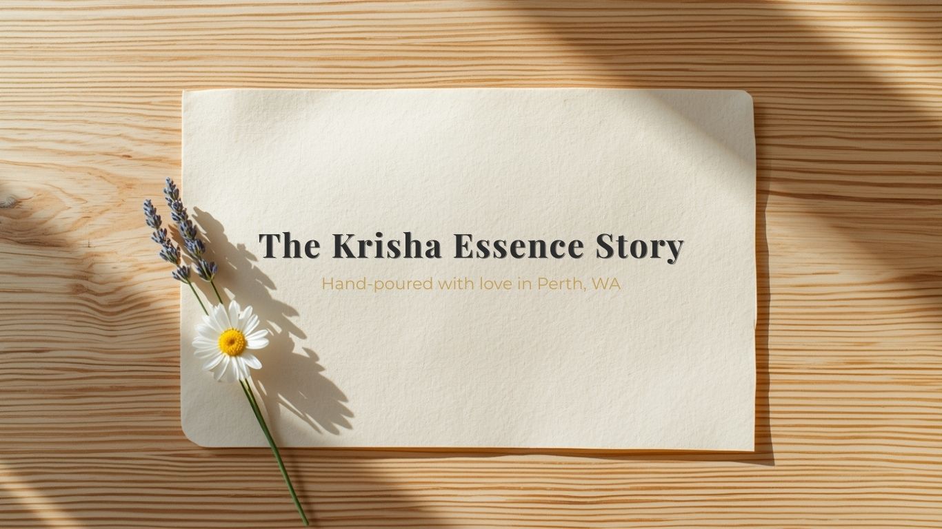 Official brand story cover for Krisha Essence, featuring artisan handmade soy candles and botanical elements handcrafted in Perth, Western Australia.