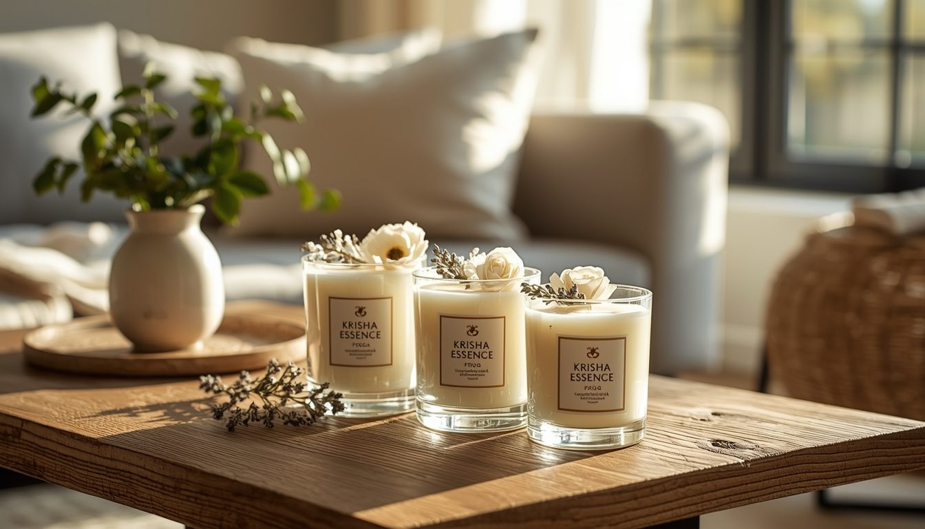 A collection of Krisha Essence Soy Candles Australia, hand-poured in Perth, featuring dried flowers on natural wax.