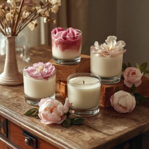 Display of the best peony candles Australia in clear glass jars with fragrance variations, perfect for home decor and gifting