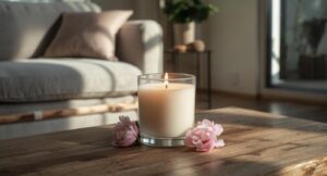 Hand-poured Peony Candle burning in a modern home, showcasing the floral fragrance and elegant decor