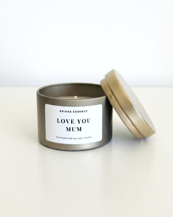 A sleek tin candle with a 'Love You Mum' label, representing the best Mother's Day gifts 2026, hand-poured with natural soy wax in Perth.