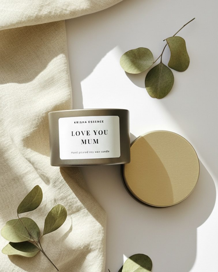 Close-up of a hand-poured natural soy wax tin candle from Krisha Essence, a sustainable and locally made option for Mother's Day gifts 2026.