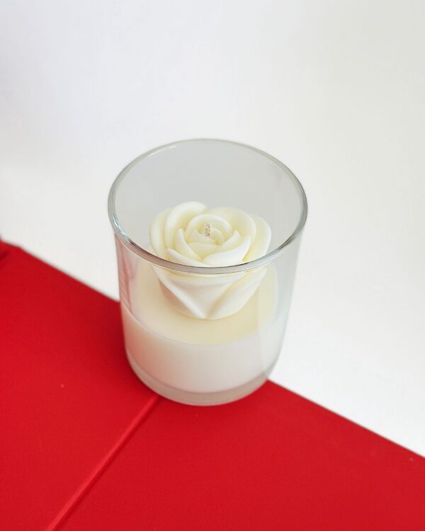 Bridal Rose personalised rose candle bonbonniere Australia — handcrafted sculptural wax rose in clear glass jar, hand-poured soy candle made in Perth WA by Krisha Essence