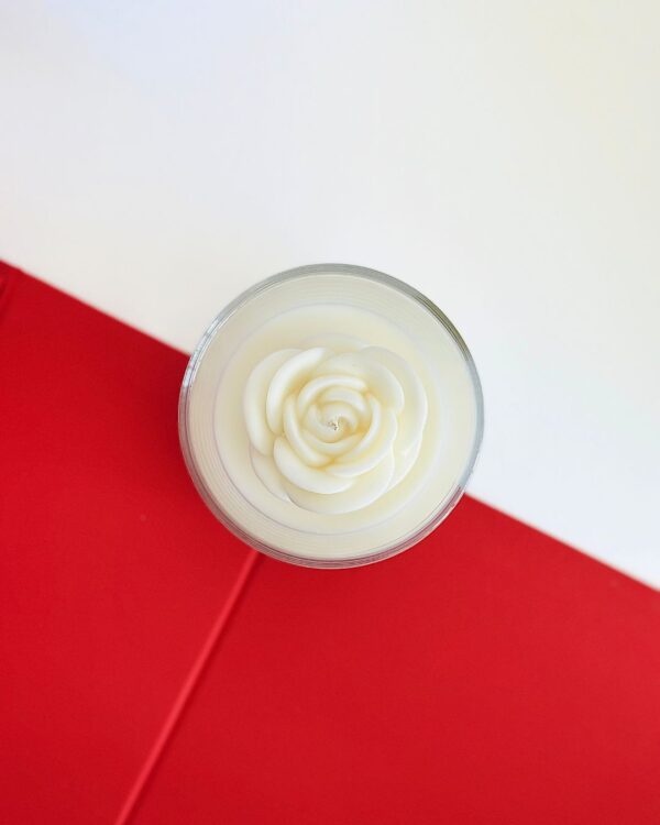 Top view of Bridal Rose sculptural wax rose candle — personalised soy wax wedding bonbonniere hand-poured in Perth Australia by Krisha Essence