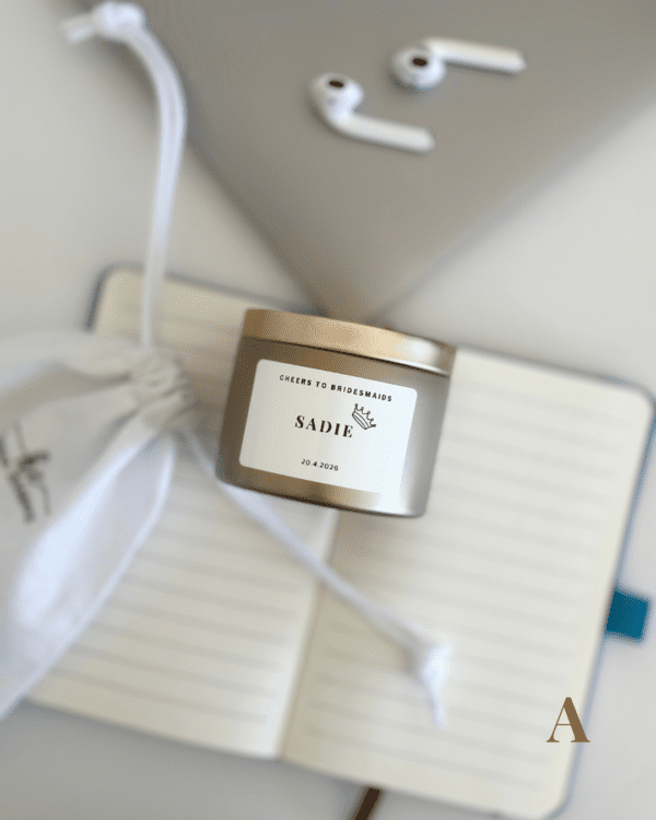 Cheers to Bridesmaids personalised soy candle gift in champagne tin with individual bridesmaid name label and crown icon, white cotton drawstring bag, Perth WA Krisha Essence