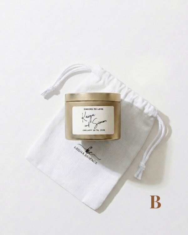 Custom wedding candle label with couple's names and date black script on white personalised bonbonniere Perth