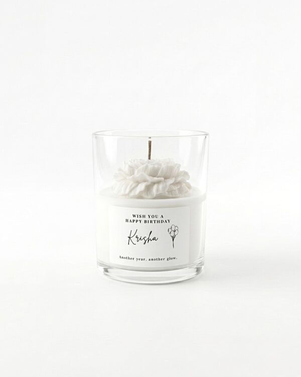 Personalised Happy Birthday candle with a white sculptural peony and custom label Krisha - Handpoured in Perth