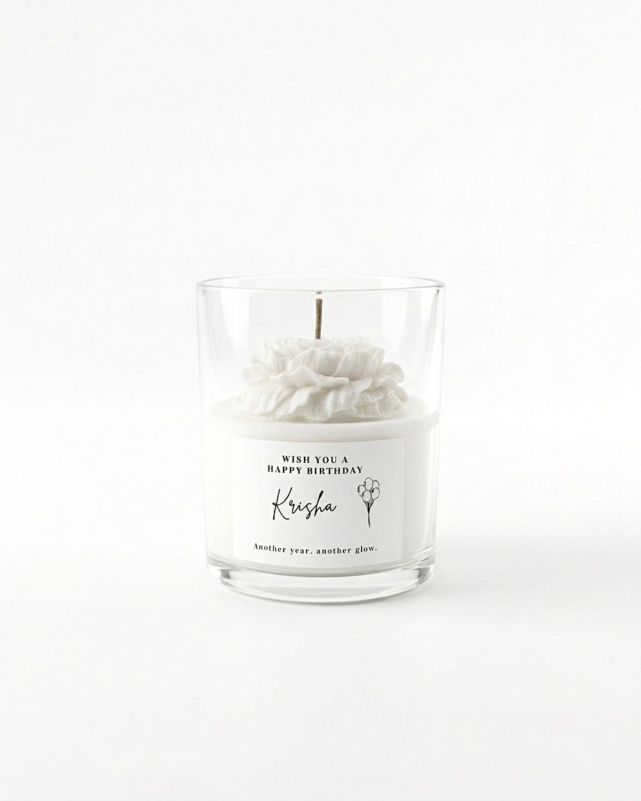 Personalised Happy Birthday candle with a white sculptural peony and custom label Krisha - Handpoured in Perth