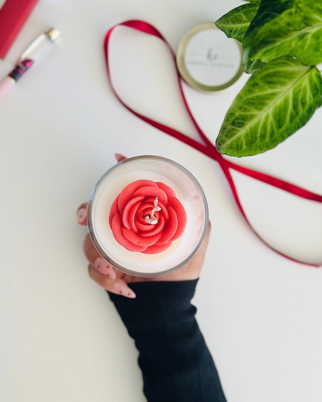 Rose and Romance hand-poured soy wax candle in a clear glass jar - Krisha Essence Perth