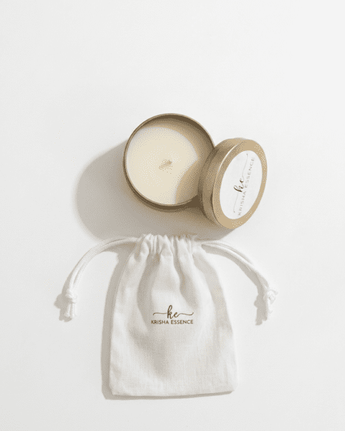 Wedding candle bonbonniere in white cotton drawstring bag gift-ready personalised soy tin favour Krisha Essence Australia