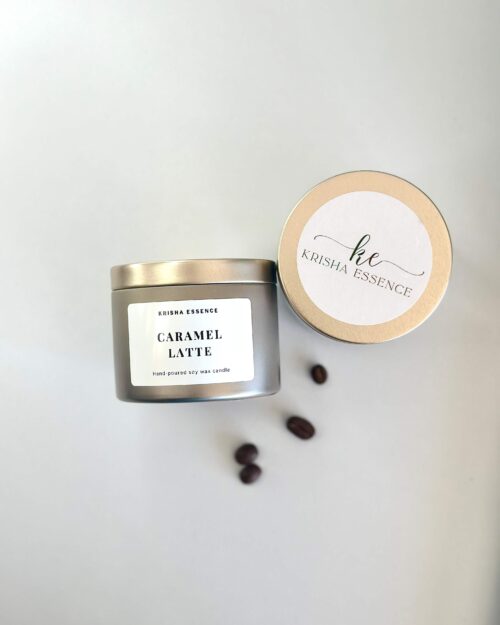 Caramel latte artisan soy candle in 85g gold travel tin, hand-poured in Perth Western Australia by Krisha Essence