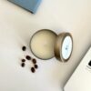 caramel-latte-candle-soy-wax-burning-close-up-perth Caramel latte candle gift idea for coffee lovers β 85g soy travel tin by Krisha Essence, hand-poured in Perth Australia