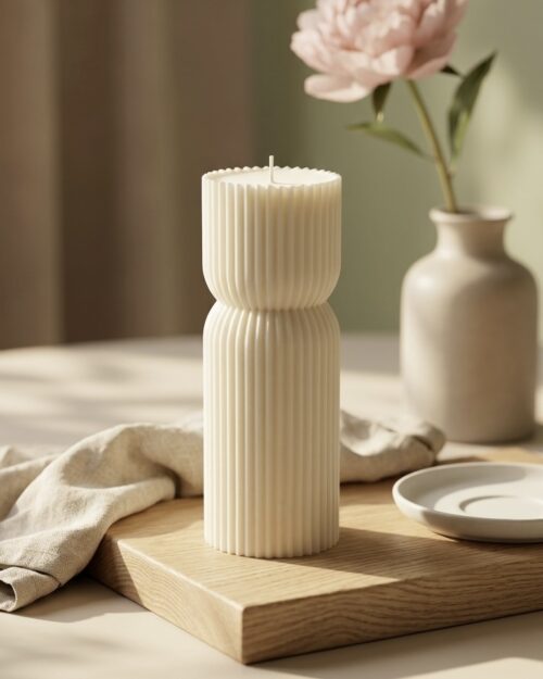 Grounded Meadow wedding tablescape featuring bulk architectural ribbed soy pillar candles hand-poured in Perth WA, styled as sculptural bonbonniere centrepieces
