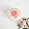 Peony lychee glass bowl candle with 3D pink wax peony by Krisha Essence Perth