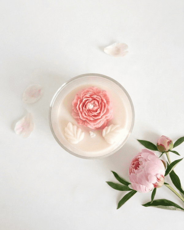 Peony lychee glass bowl candle with 3D pink wax peony by Krisha Essence Perth