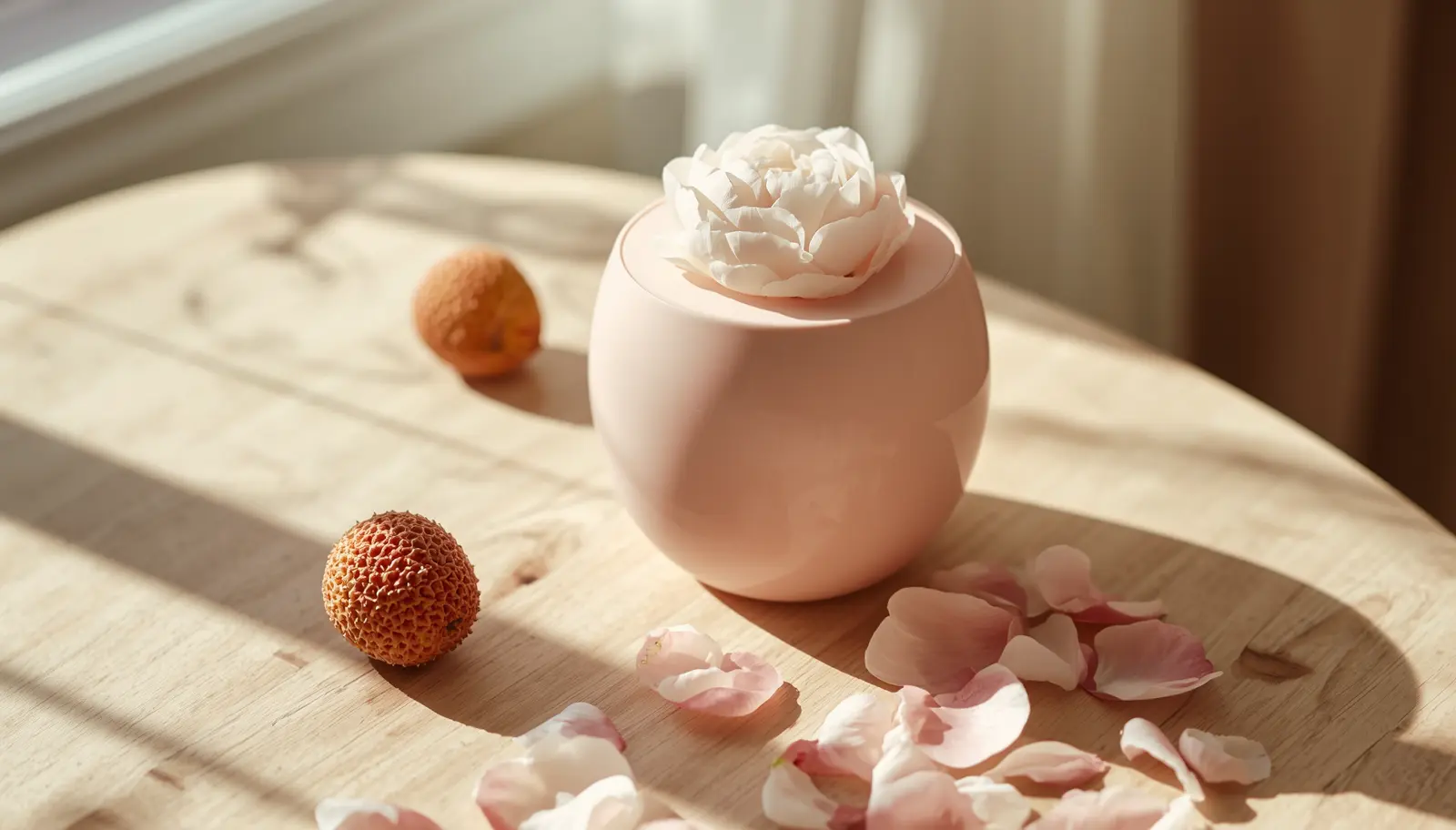 Peony lychee glass bowl candle with a hand-sculpted wax peony, styled with fresh lychee and petals