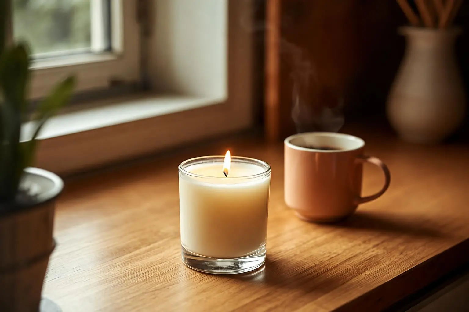 Coffee scented candles for home burning on a kitchen counter