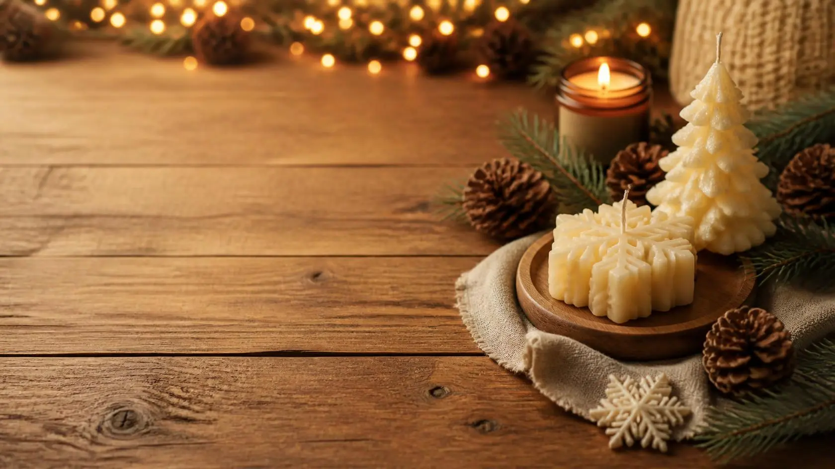 Handmade Christmas candles Australia, sculptural tree and snowflake soy candles by Krisha Essence with pine cones and festive lights
